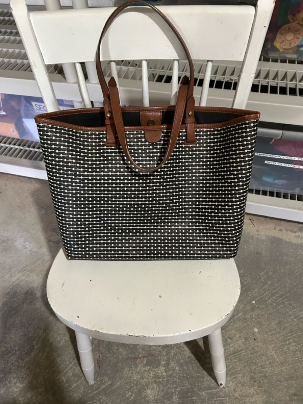 Fossil Women’s Leather Tote | Black & White Dot Pattern with Brown Trim